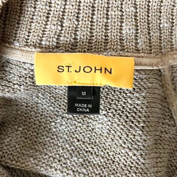 St. John Knit Zip Up Cardigan Tan Linen Silk Wool Blend Leather Pockets Size Med - Picture 6 of 7